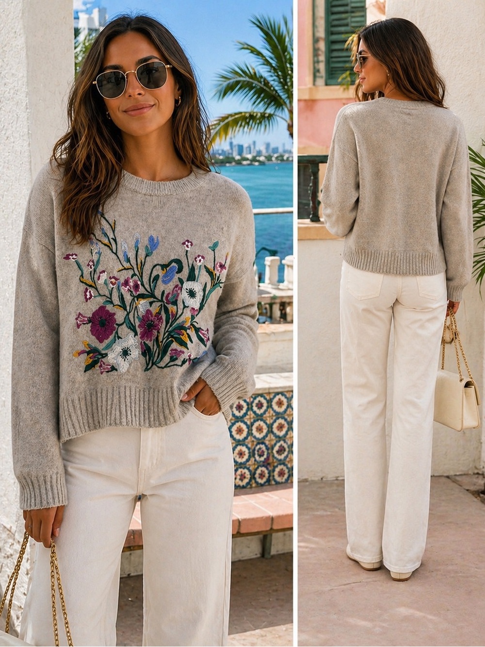 Bloomingdale's Gray Crewneck Sweater with Multicolor Floral Embroidery